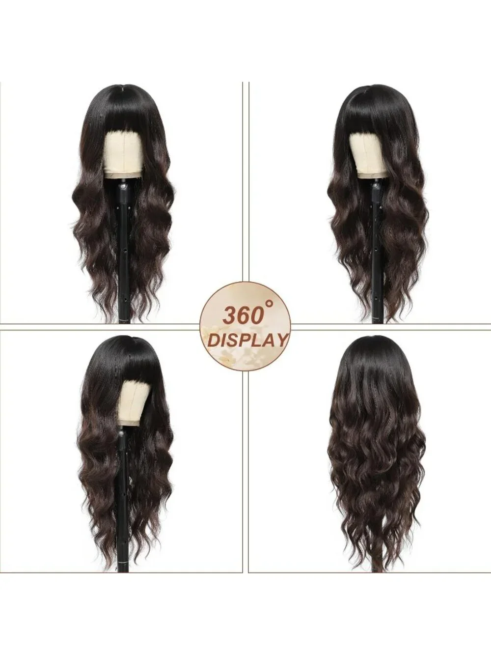 Women's Dark Brown 26 Inch Natural Looking Heat Resistant Synthetic Wigs Bangs